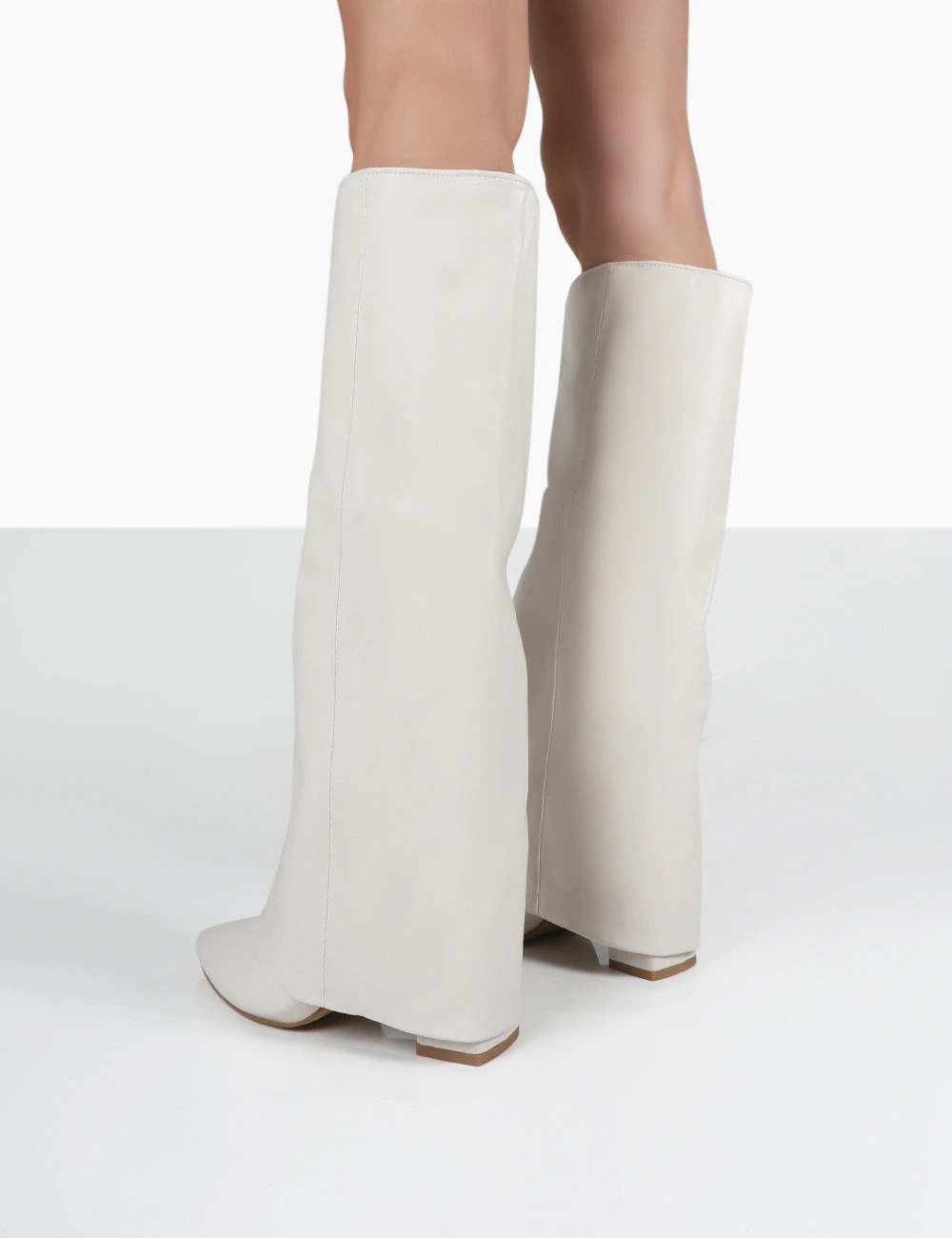 Zendaya Ecru Pointed Toe Knee High Block Boots - Image 3