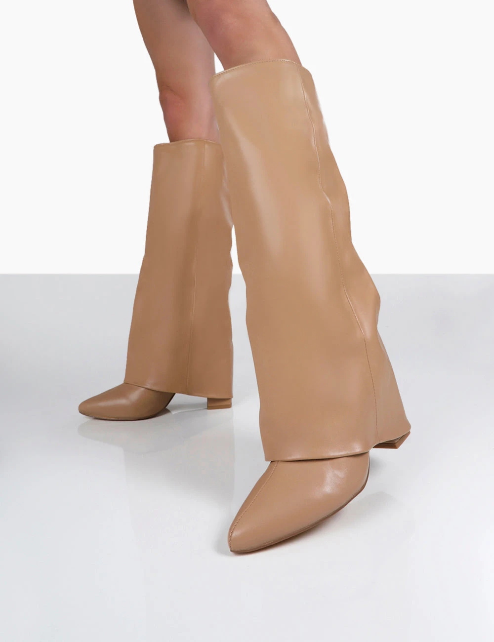 Zendaya Nude Pointed Toe Knee High Block Boots - Image 2