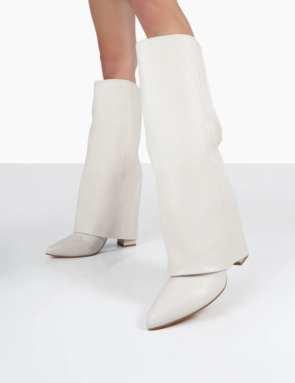 Zendaya Ecru Pointed Toe Knee High Block Boots - Image 2
