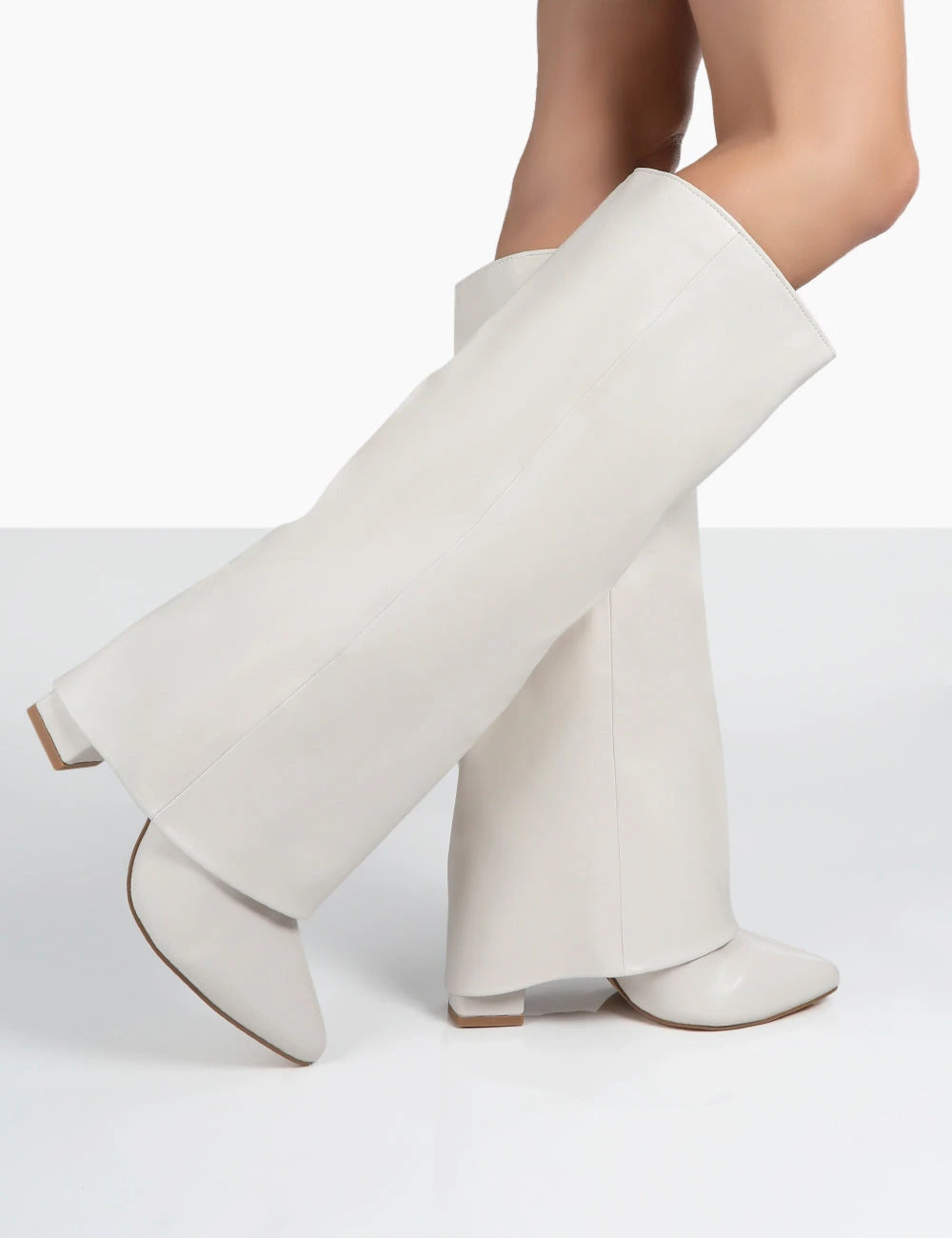 Zendaya Ecru Pointed Toe Knee High Block Boots - Image 4
