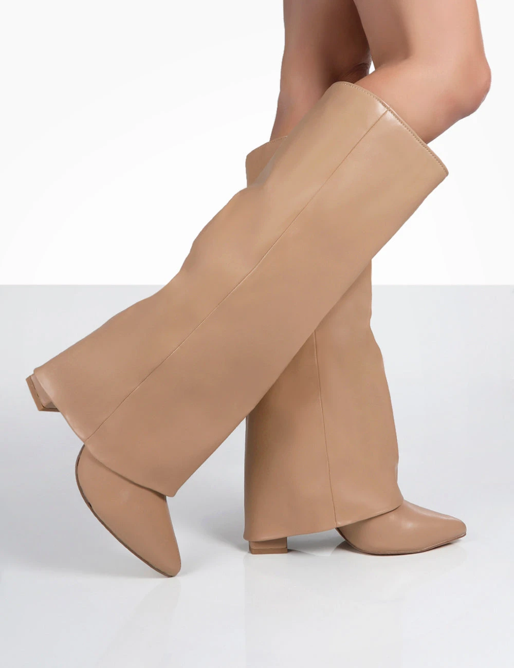 Zendaya Nude Pointed Toe Knee High Block Boots - Image 4
