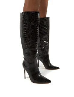 Go Wide Fit Black Knee High Pointed Toe Stiletto Heeled Boots
