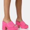 Wavez Pink Terry Towelling Round Toe Platform Block Heel Mules