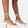 Darcy Ecru Pu Strappy Lace Up Square Toe Mid Flatform Heels