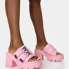 Oslo Pink Buckle Mule Platform Mid Heel Sandals
