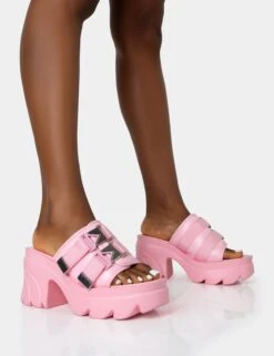 Oslo Pink Buckle Mule Platform Mid Heel Sandals