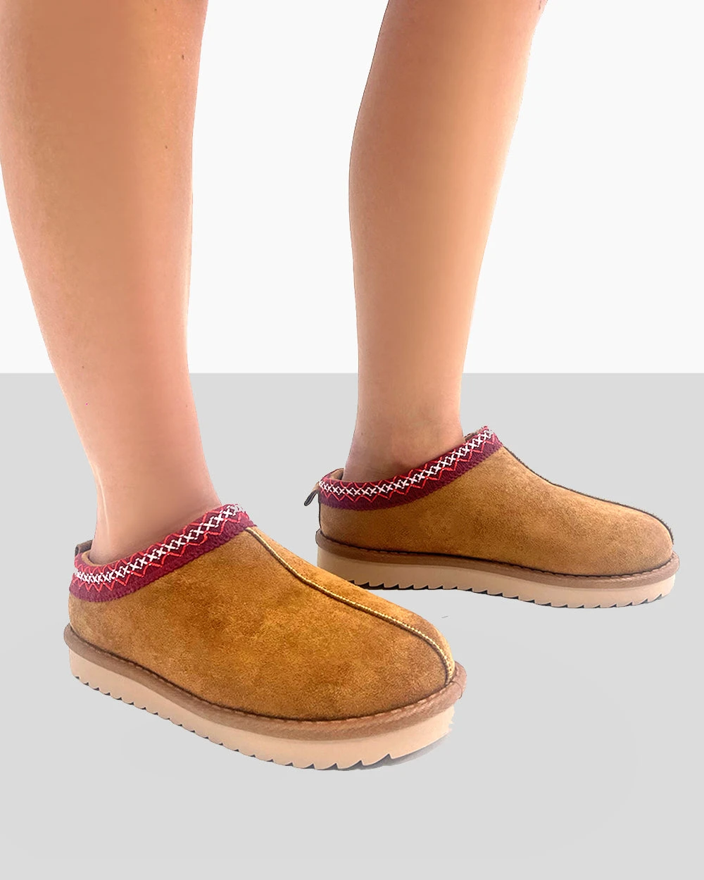 Tamsin Tan Brown Faux Suede Red Embroidered Slipper Boots - Image 2