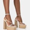 Blissful White PU Asymmetric Strappy Square Toe Raffia Platform Block Heels