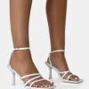 Mademoiselle White Pu Strappy Square Toe Mid Stiletto Heels