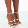 Tilly Off White Satin Sparkly Diamante Strappy Square Toe Heels