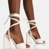 Mojito Wide Fit Ecru Pu Lace Up Pyramid Block Heels