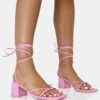 Casey Wide Fit Baby Pink Strappy Lace Up Square Toe Low Block Heel Sandals