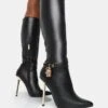 Jayden Black Pu Padlock Detail Pointed Toe Gold Stiletto Heel Knee High Boots