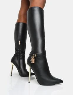 Jayden Black Pu Padlock Detail Pointed Toe Gold Stiletto Heel Knee High Boots