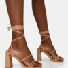 Natty Wide Fit Nude Pu Lace Up Square Toe Mid Block Heels