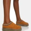 Nala Tan Faux Suede Embroidered Slipper Platform Boots
