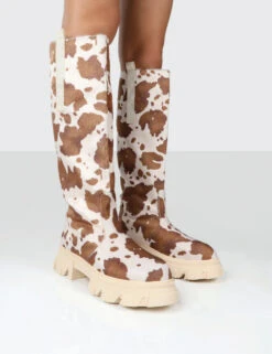 Amber X Public Desire Genius Cow Print Platform Knee High Chunky Sole Boot