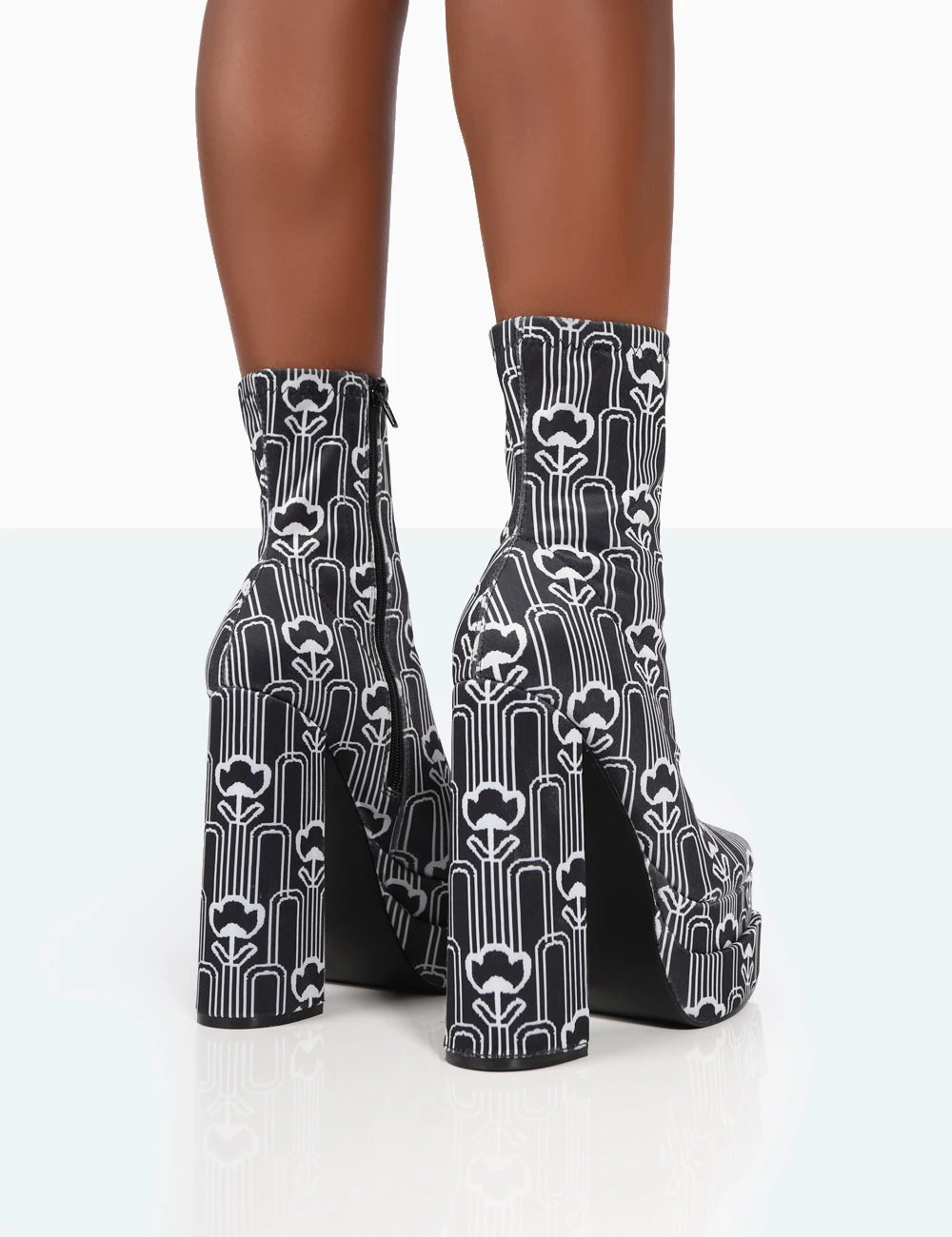 Supreme Black Floral Print Nylon Platform Block Heel Ankle Boots - Image 3