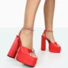 Frozen Red Satin Sparkly Diamante Strap Open Toe Block Platform Heels