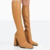 Caryn Camel Grain Pu Patent Knee High Block Heeled Boots
