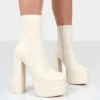 Supine Wide Fit Ecru Pu Chunky Platform High Heeled Block Ankle Boots