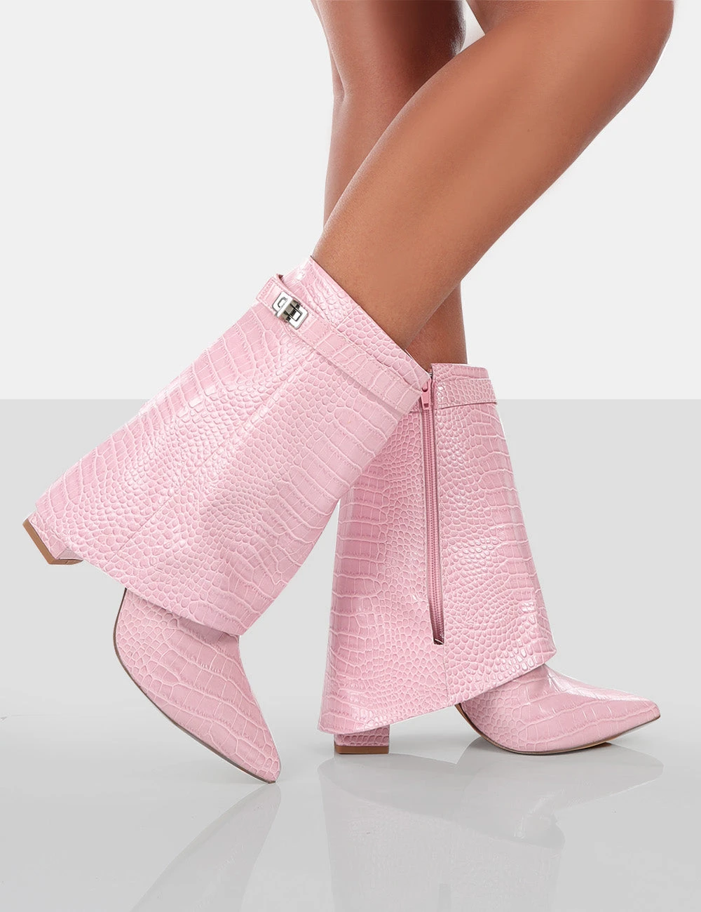 Fyre Baby Pink Croc Pointed Toe Block Heeled Ankle Boots - Image 4