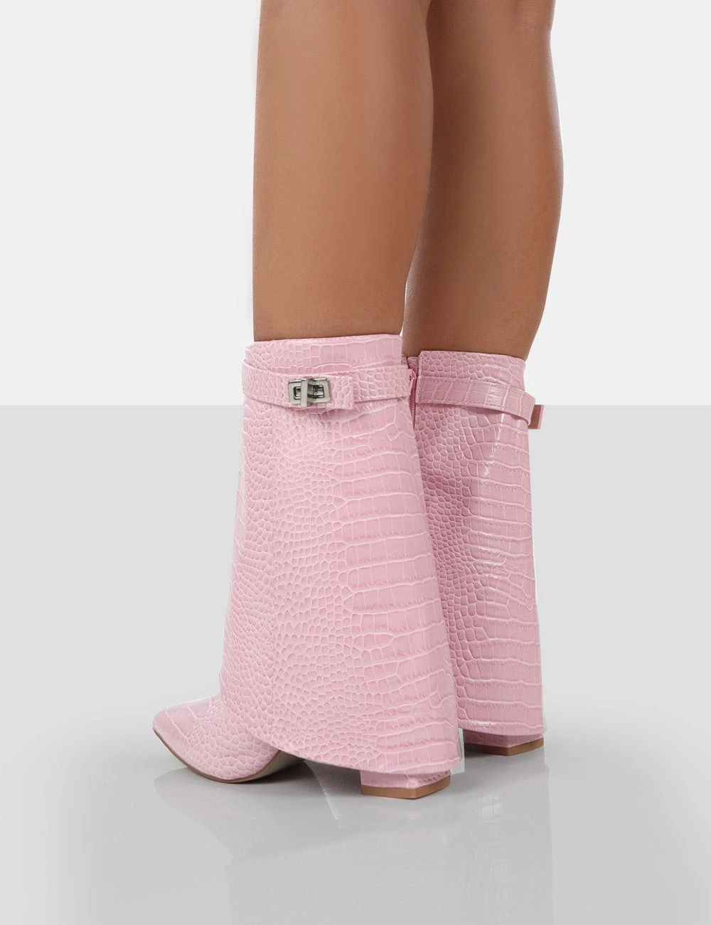 Fyre Baby Pink Croc Pointed Toe Block Heeled Ankle Boots - Image 2