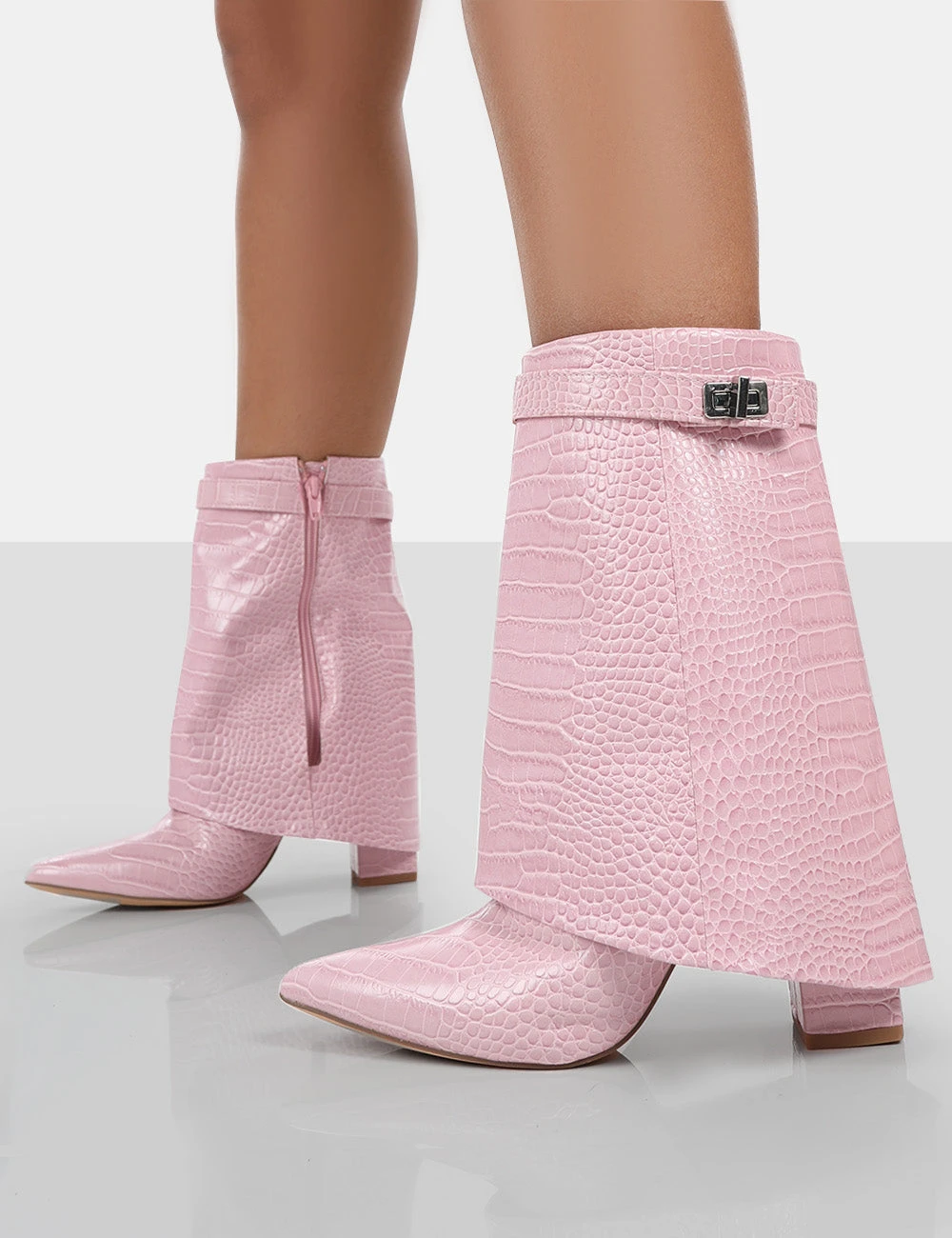 Fyre Baby Pink Croc Pointed Toe Block Heeled Ankle Boots - Image 3