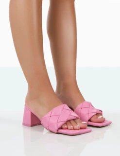 Play Nice Pink PU Woven Square Toe Block Mid Heeled Sandals