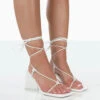 Atlas White Patent Square Toe Lace Up Flared Mid Block Heeled Sandals