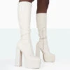 Passive Ecru PU Square Toe Platform Block Heel Over The Knee Boots