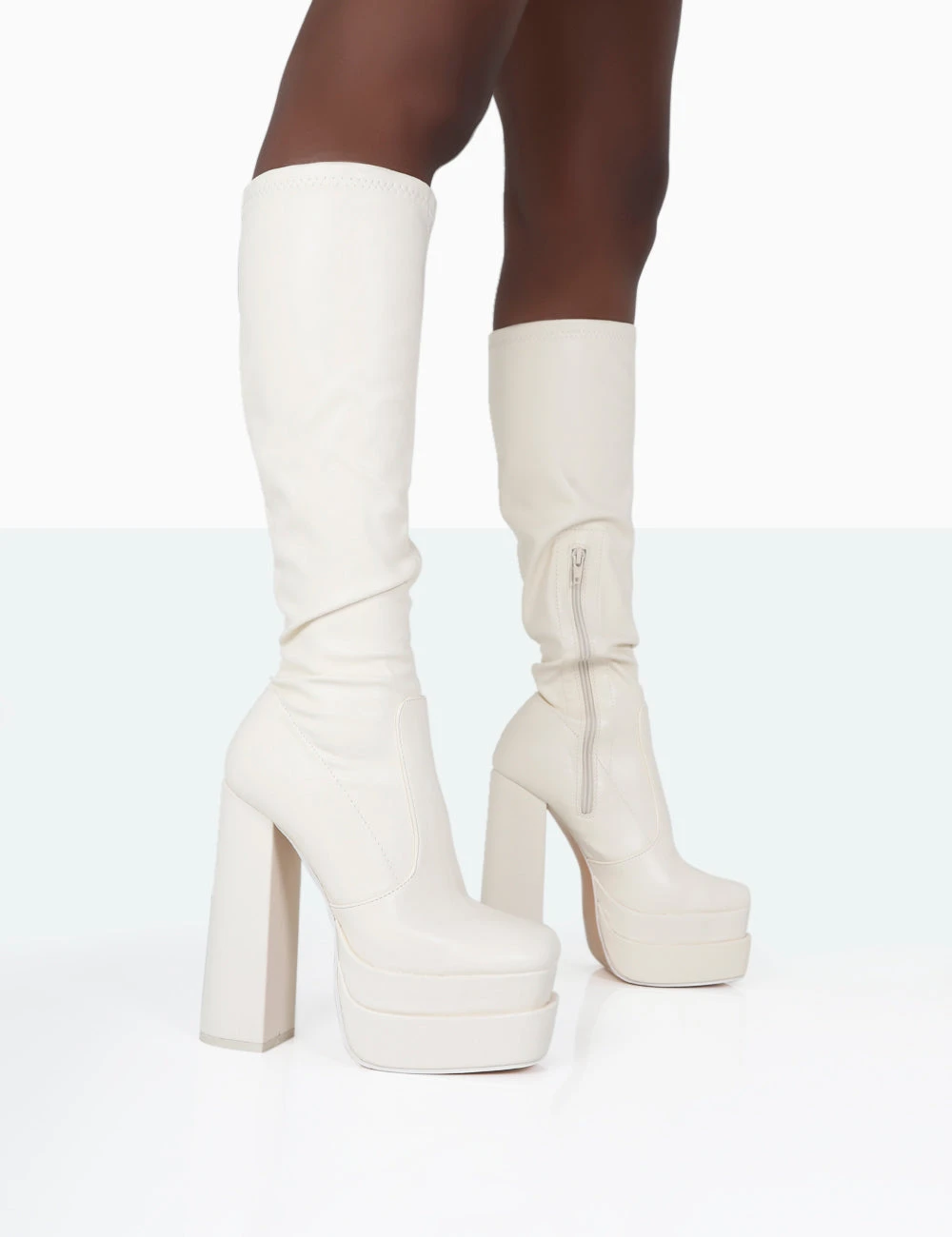 Passive Wide Fit Ecru Pu Square Toe Platform Block High Heel Over The Knee Boots