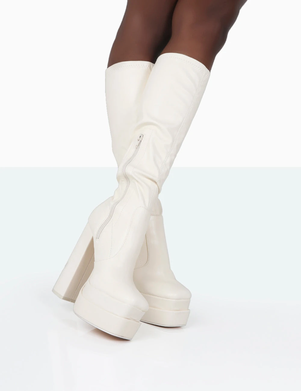 Passive Wide Fit Ecru Pu Square Toe Platform Block High Heel Over The Knee Boots - Image 2
