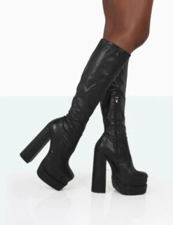 Passive Wide Fit Black Pu Square Toe Platform Block High Heel Over The Knee Boots