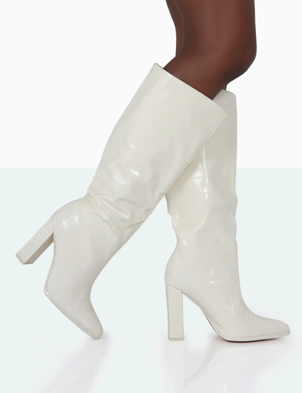 Posie Wide Fit Ecru Croc Knee High Block Heel Boots - Image 3