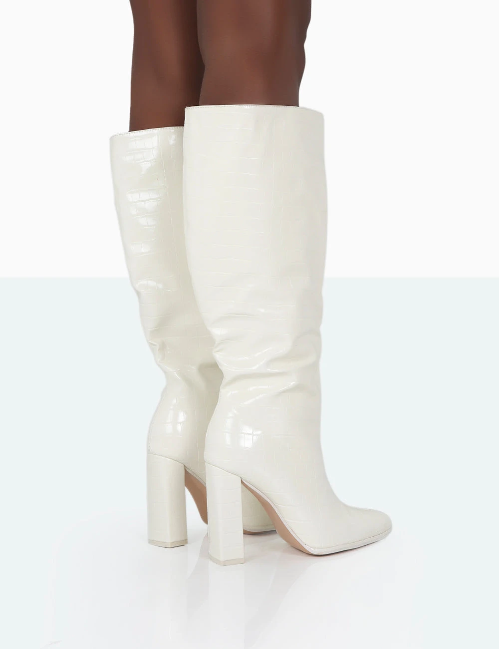 Posie Wide Fit Ecru Croc Knee High Block Heel Boots - Image 4