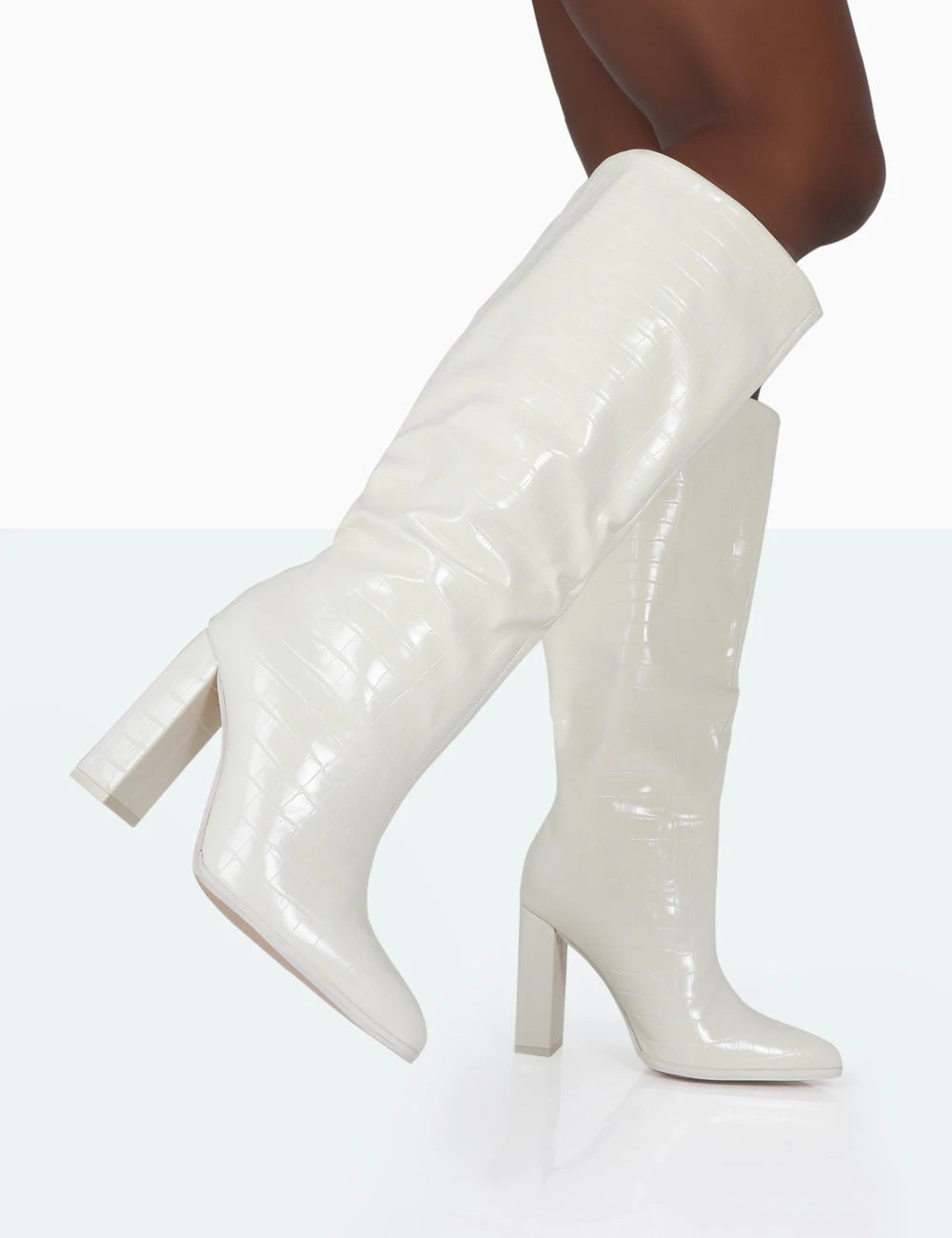 Posie Wide Fit Ecru Croc Knee High Block Heel Boots - Image 2