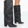 Zendaya Wide Fit Matt Black Croc Pointed Toe Knee High Boots