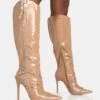 Worthy Camel Croc Studded Zip Detail Pointed Toe Stiletto Knee High Boots