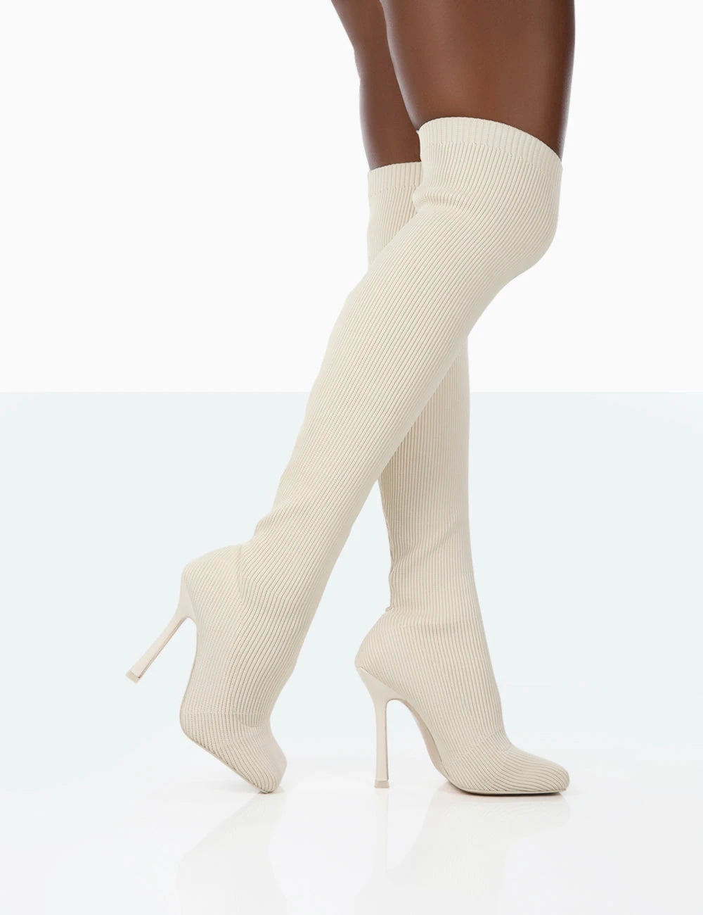 Bubbles White Knitted Wide Fit Square Toe Over The Knee Stiletto Boots - Image 2