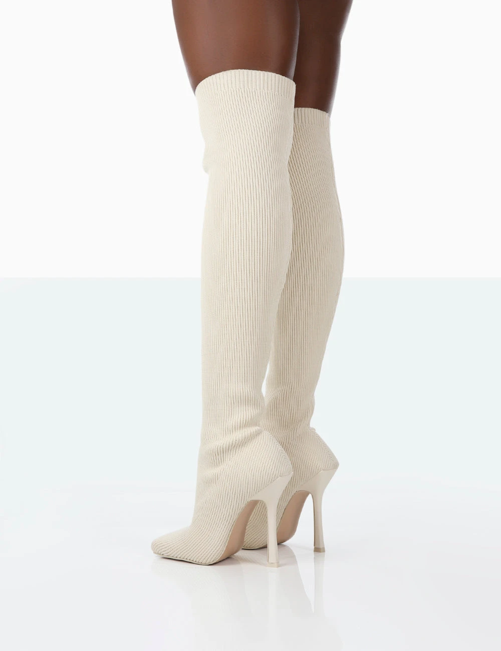 Bubbles White Knitted Wide Fit Square Toe Over The Knee Stiletto Boots - Image 3