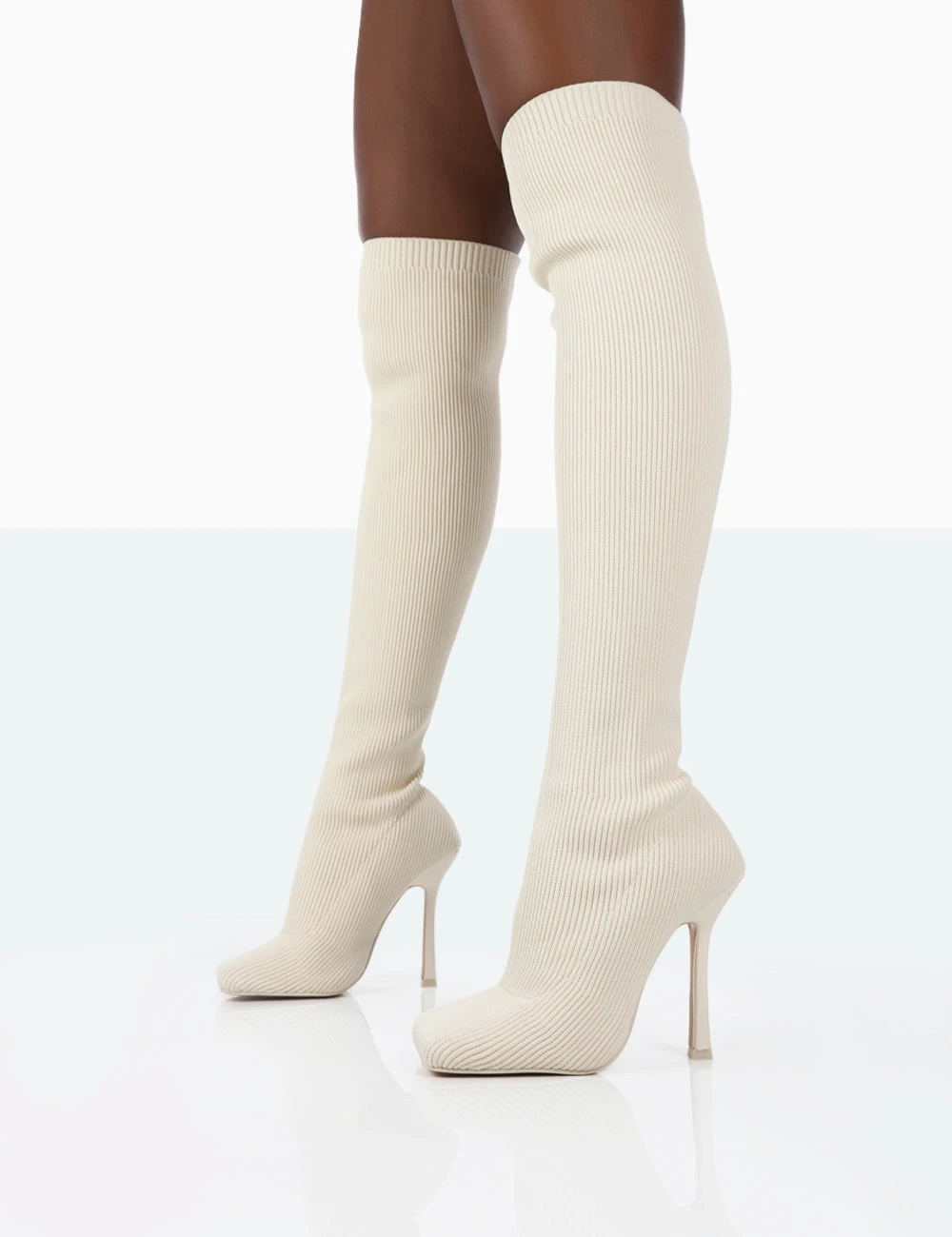 Bubbles White Knitted Wide Fit Square Toe Over The Knee Stiletto Boots - Image 4