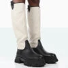 Genius Black PU Knee High Linen Platform Chunky Sole Boots