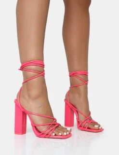 Nyla Pink Patent Strappy Lace Up Square Toe Block Heels