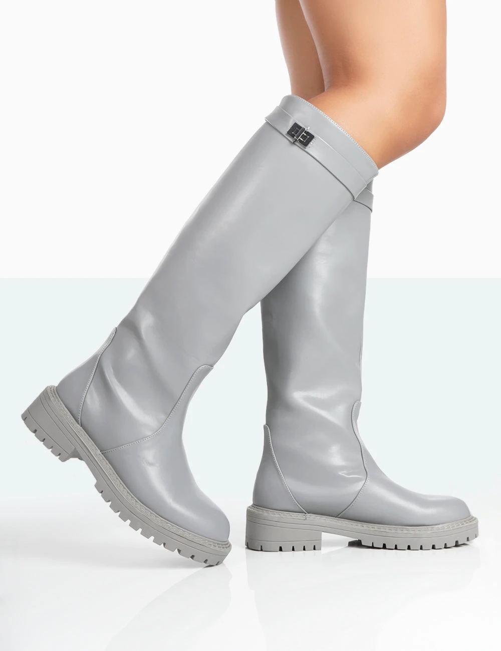 More Fun Wide Fit Grey Pu Round Toe Chunky Sole Knee High Boots - Image 2