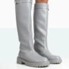 More Fun Grey PU Round Toe Chunky Sole Knee High Boots