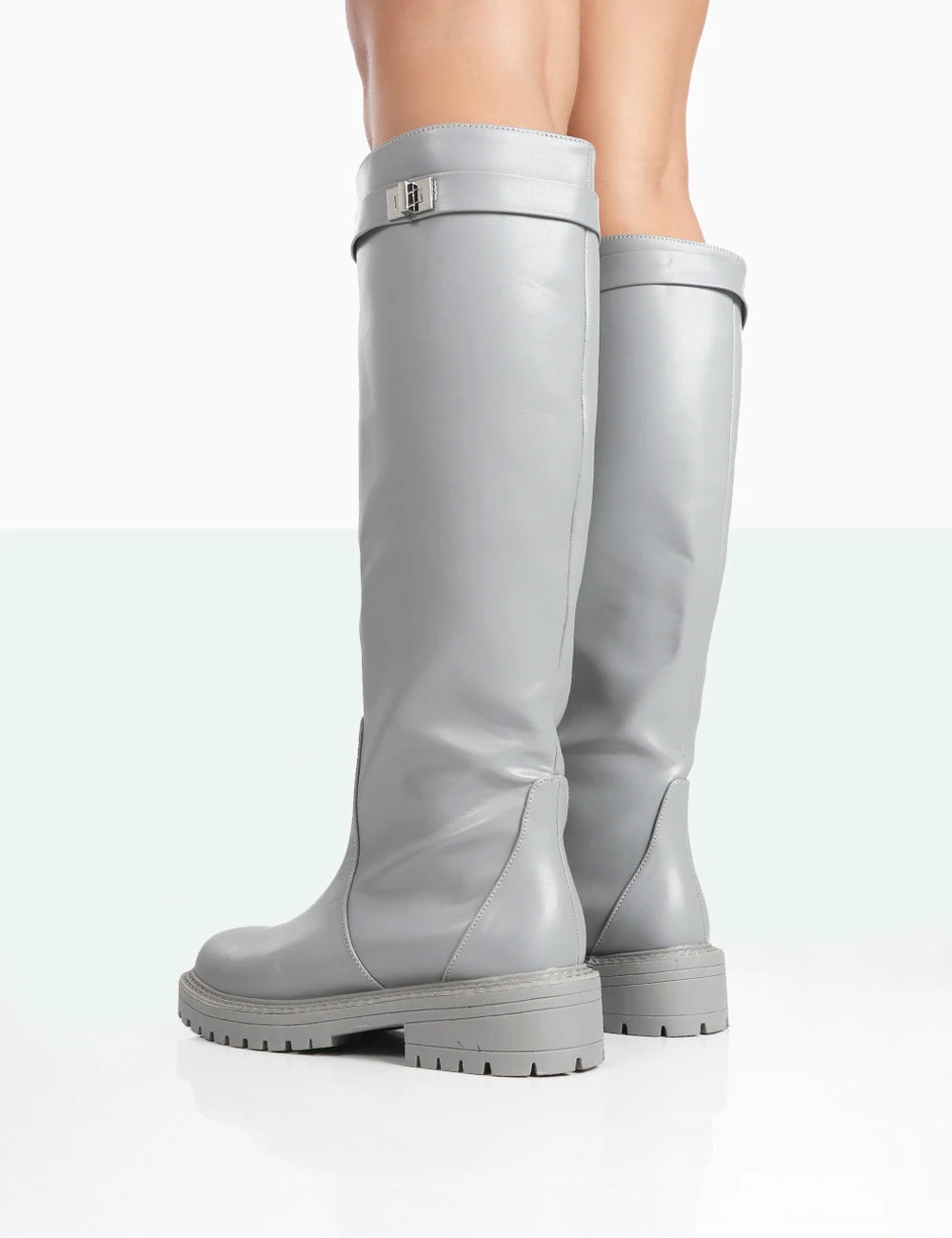 More Fun Wide Fit Grey Pu Round Toe Chunky Sole Knee High Boots - Image 3