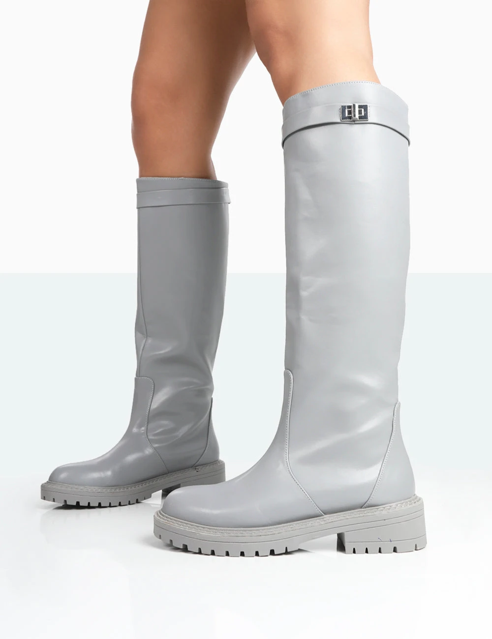 More Fun Wide Fit Grey Pu Round Toe Chunky Sole Knee High Boots - Image 4