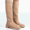 More Fun Caramel PU Round Toe Chunky Sole Knee High Boots