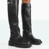 More Fun Black Pu Round Toe Chunky Sole Knee High Boots